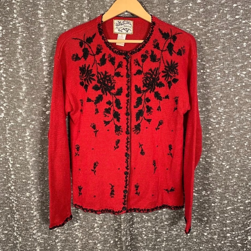 Vintage Heirloom Collectibles Knit Cardigan Sweater Floral Holiday Women's Small